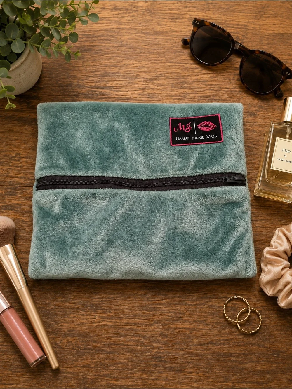 Makeup Junkie Bags Small Plush Blue Cosmetic Bag Zip Makeup Pouch Travel Case